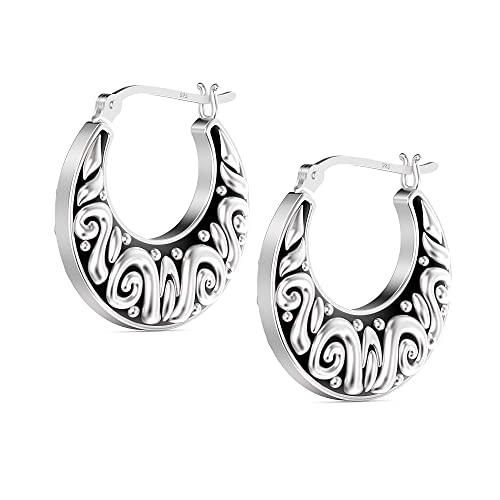 LeCalla Sterling Silver Jewelry Antique Polished Filigree Click-Top Hoop Earrings for Women Teen