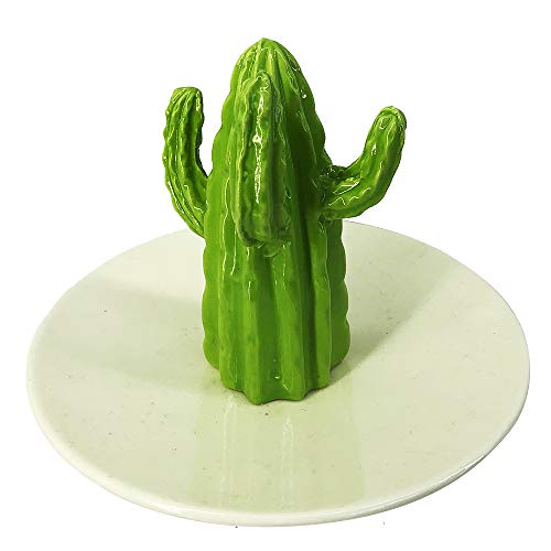 Comfy Hour Farmhouse Home Decor Collection 4" Porcelain Table Decorative Cactus Jewelry Holder, Jewelry Tray, Green & White