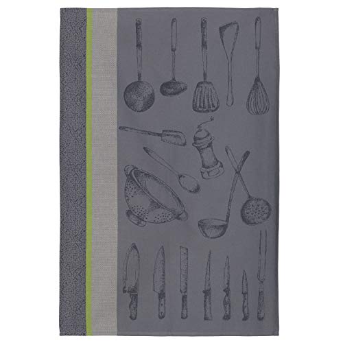 Coucke French Cotton Jacquard and Honeycomb Weave Towel, Ustensiles Du Chef, 20 by 30 Inches, Grey