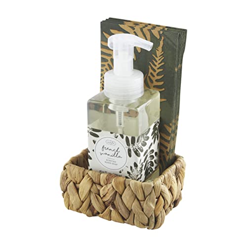 Mud Pie Pinehill French Vanilla Soap and Napkin Set ,towels 8"x4"basket 4.25" x 3", Green
