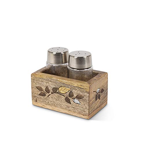 Gerson Glass Salt & Pepper Shakers in Mango Wood with Laser and Metal Inlay Leaf Design Base.