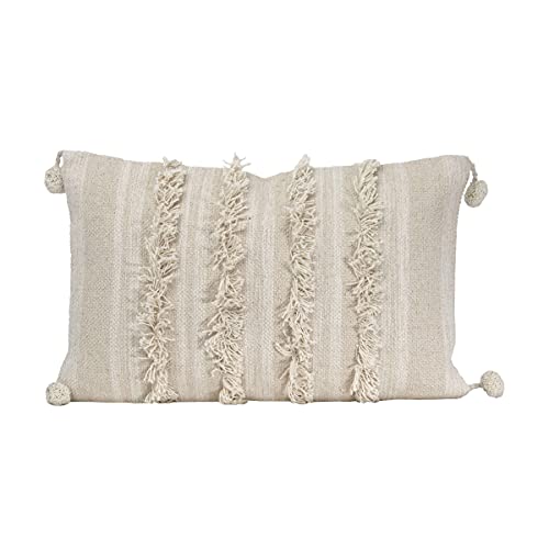 Foreside Home & Garden White Striped Woven 14x22 Cotton Decorative Throw Pillow with Hand Tied Fringe Poms, 22 x 14 x 5