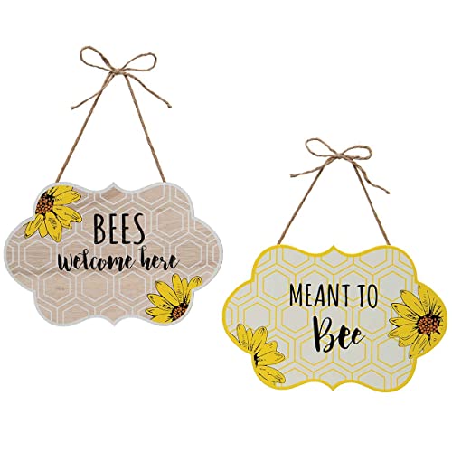 Meravic Bees Welcome Here and Meant to Bee Wooden Bee Decorative Wall Plaque, Set of 2, 12-inch Length, White and Yellow, Outdoor Garden Decoration