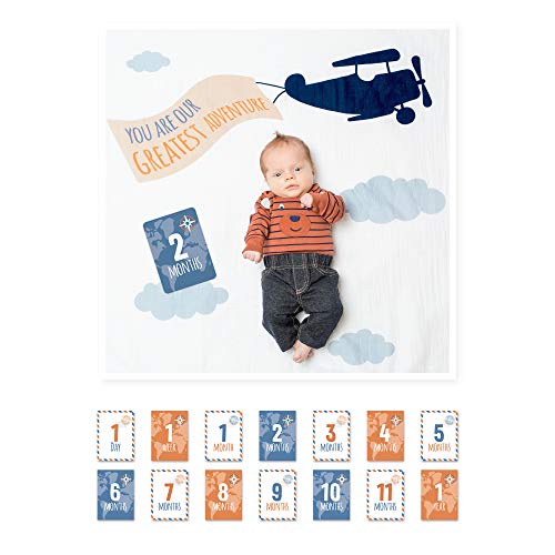Mary Meyer lulujo Baby√ïs First Year Milestone Blanket and Card Set | 40in x 40in| Baby Shower Gift | Greatest Adventure