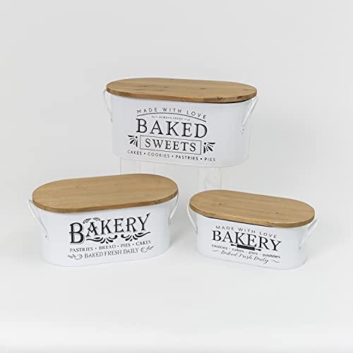 Gerson International 2629570 Metal"BAKERY" Containers with Wood Lids, 19.29-inch Length, Set of 3