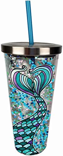 Spoontiques 21333 Mermaid Glitter Cup w/Straw, One Size, Blue & Purple