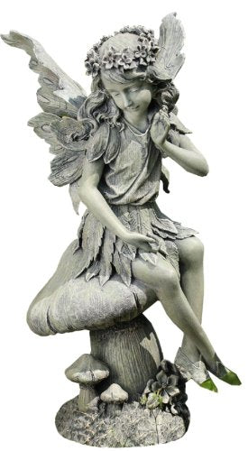Napco Seated Angel on Mushroom Garden Statue, 16-1/2-Inch Tall by 8-1/2-Inch Diameter