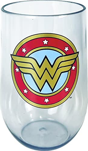 Spoontiques - Wonder Woman Acrylic Wine Cup - Acrylic Wine Tumbler ‚Äì Acrylic Stemless Wine Glass ‚Äì 16oz - 5 5/8‚Äù Tall