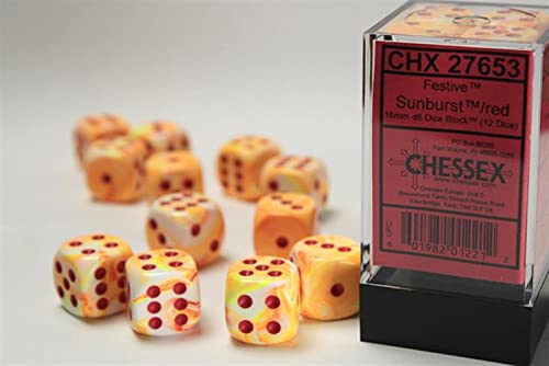 Chessex 27653 Festive 16mm d6 with pips Dice Block, Sunburst with Red