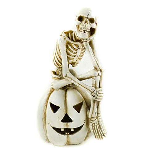 Midwest Design Imports Skeleton Sitting On Pumpkin, 7 x 5.5 x 11, Pale Yellow
