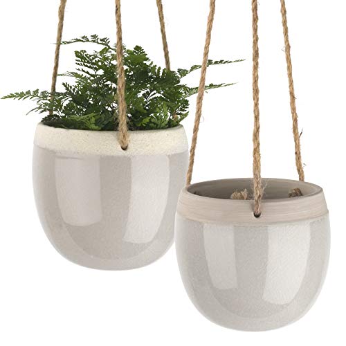 La Jol√≠e Muse Ceramic Hanging Planters Indoors - 5.5 Inch Hanging Plant Pots, Modern Plant Holder with Jute Rope for Succulents Cactus Herbs Small Plants, Home Decor Gift, Set of 2 (Light Grey)