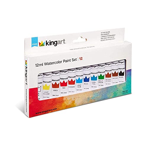 KINGART Studio Watercolor Paint, 12 ml (.4oz), Set of 12 Colors, Assorted