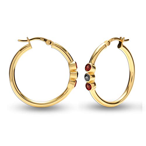 LeCalla Flaunt Sterling Silver Jewelry Round Hoop Earrings for Teens and Women (3 MM Red Garnet & Black Onyx Round Cut)