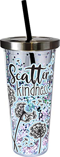 Spoontiques Scatter Kindness Glitter Cup w/Straw, 20 ounces, Teal