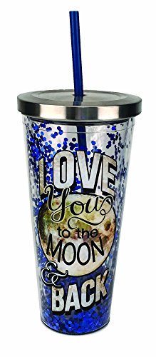 Spoontiques 21309 Moon And Back Glitter Cup With Straw, Blue