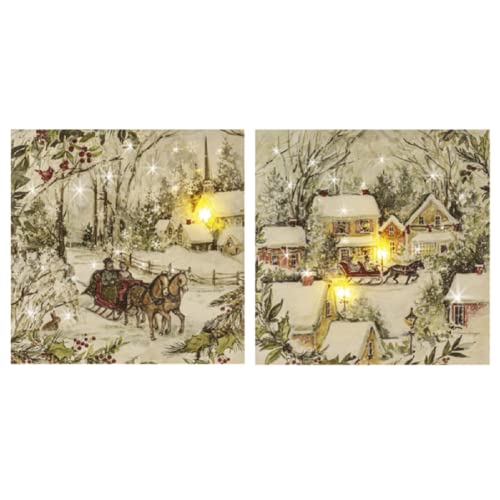 Ganz MX185463 LED Light Up Winter Village Scenes Wall Decor Canvas, 15.75-inch Height, Canvas and MDF, Set of 2