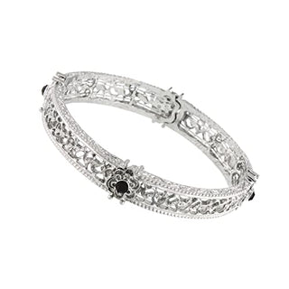 1928 Jewelry Majestic Filigree Jet Black Crystal Flower Stretch Bracelet