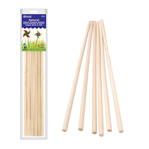 BAZIC Wooden Dowel Rods Wood Sticks, 3/8" x 12" Round Natural Color Hardwood Stick, Unfinished Wood for Crafts Lollipops Cake Support (6/Pack), 1-Pack