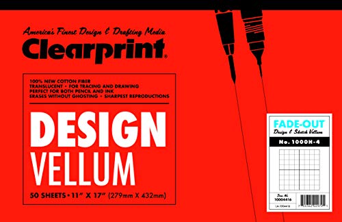 Chartpak Clearprint Vellum Pad with 4x4 Fade-Out Grid, 11x17 Inches, 16 LB, 60 GSM, 1000H 100% Cotton, 50 Translucent White Sheets, 1 Each (10004416)