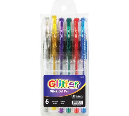 BAZIC 6 Glitter Color Essence Gel Pen, Comfort Grip, Great for Gift Card Poster Christmas Artist Coloring, 1-Pack