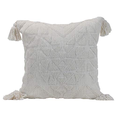 Foreside Home & Garden White Geometric Pattern Handwoven 18x18 Decorative Cotton Throw Pillow with Hand Tied Tassels