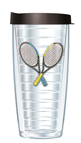 Freeheart Signature Tumblers Tennis Rackets Emblem on Clear 16 Ounce Double-Walled Travel Tumbler Mug with Black Easy Sip Lid