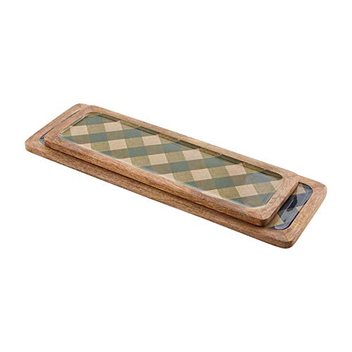 Mud Pie Checkered Enamel Tray Set, small 5" x 15" | large 6" x 18", Brown