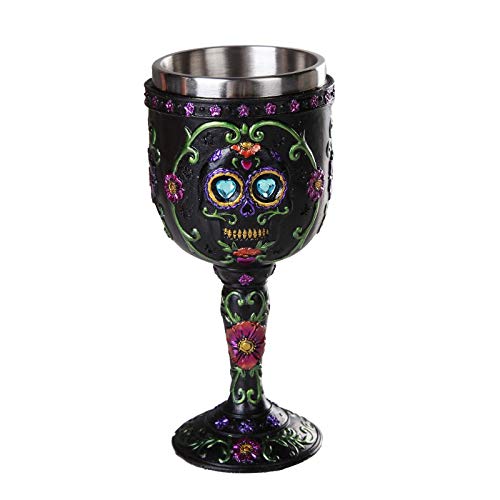 Pacific Trading Giftware Day of The Dead Celebration Black Sugar Skull Floral Design Collectible Wine Goblet 7oz