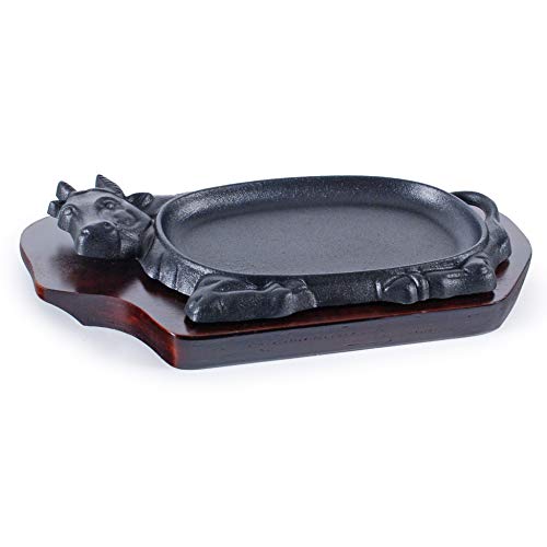 FMC Fuji Merchandise Corp Cast Iron Steak Plate Sizzle Griddle with Wooden Base Steak Pan Grill Fajita Server Plate Household use or Restaurant Supply (Cow Shape 10.5"L)