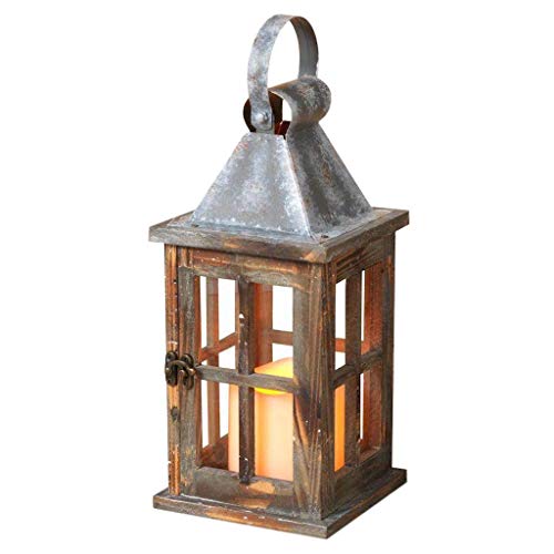 Gerson 30672 - 11" LED Pine Wood w/ Silver Top Holiday Lantern with Timer (11"H Pine Wood Lantern w/ Silver Top, 3"X3" LED Candle and Timer Function)