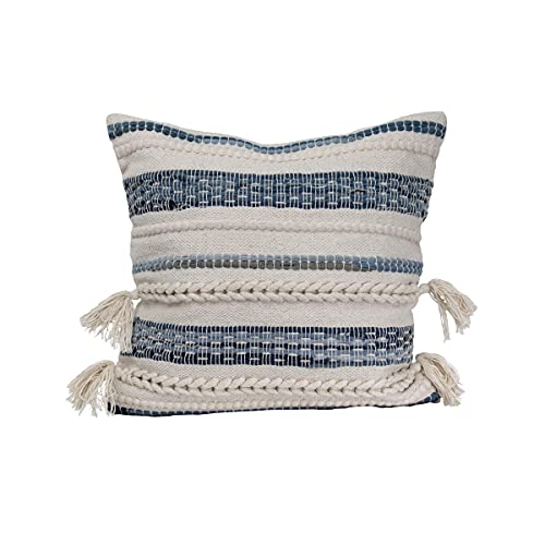 Foreside Home & Garden 20x20 Cotton and Recycled Demin Decorative Throw Pillow with Hand Tied Tassels, 20 x 20 x 5, Blue Denim