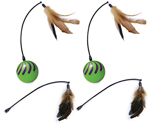 Worldwise SmartyKat (2-Set) Feather Whirl Electronic Motion Wand Toys for Cats & Kittens, Includes x2 Extra Wands, Spinning, Battery Powered, Fun & Engaging Play, Encourages Exercise - Green, 2-Set