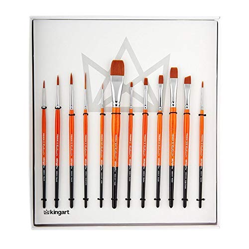 KINGART Radiant TAKLON Set of 12 Paint Brush Set, Assorted, Gold, Silver, Black, Wood Stain