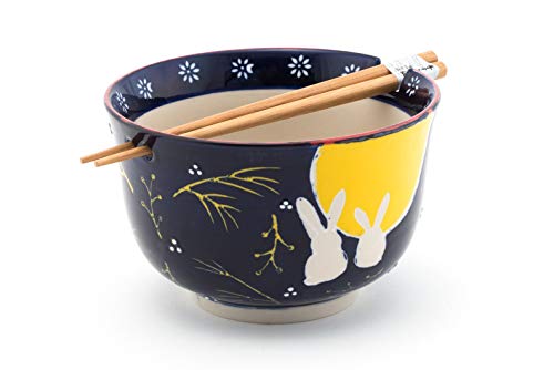 FMC Fuji Merchandise Japanese Moon Rabbit Design Quality Ceramic Ramen Udon Noodle Bowl with Chopsticks Gift Set 6.25 Inch Diameter