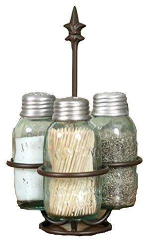 CTW Colonial Tin Works Fleur de Lis Mason Jar Salt, Pepper and Toothpick Caddy,Brown