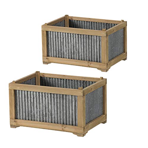 A&B Home Galvanized Planter with Wood Frame Garden Flower Pot Indoor Outdoor Decor Set of 2 Planter Box