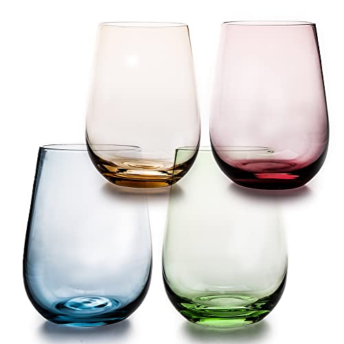 EVEREST GLOBAL Colored Stemless Wine Tumbler 16.74 oz set of 4,¬¨‚Ä†Large Size Drinkware for Red and White Wine Cocktail Juice Water Iced Tea Kitchen Wedding and Party Gifts