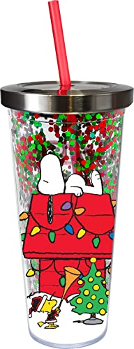 Spoontiques - Glitter Filled Acrylic Tumbler - Glitter Cup with Straw - 20 oz‚ÄØ- Stainless Steel Locking Lid with Straw - Double Wall Insulated - BPA Free - Snoopy Christmas Drinking Cup