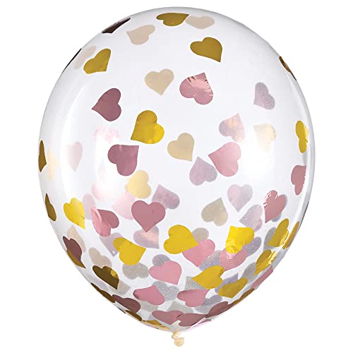 Amscan Latex Confetti Balloons | Pink and Gold Hearts - 12" | Pack of 6