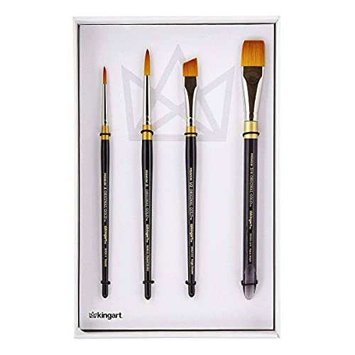 KingArt Premium Orginal Gold Series, Multiple Shapes and Sizes Golden Taklon Brushes, Set of 4, 4 Piece