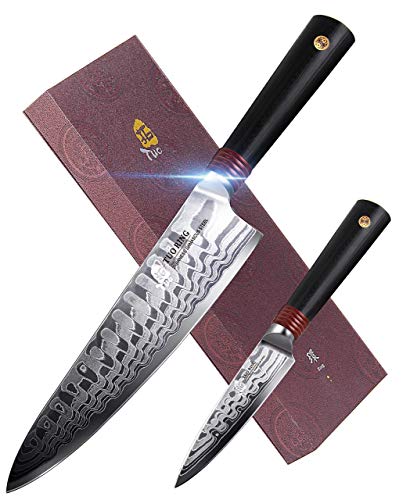 TUO Cutlery Damascus Kitchen Knife Set, 8" Chef Knife and 3.5" Peeling Paring Knife, Japanese AUS-10 High Carbon Steel, Full Tang Military Grade G10 Handle, Dishwasher Safe Ring-D Series, 2-Piece