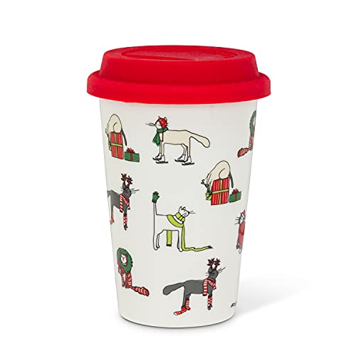 Abbott Collection  27-HOLICATS-TOGO Holiday Cats Travel Mug. 2 Pieces, 5.5"H, White/Red