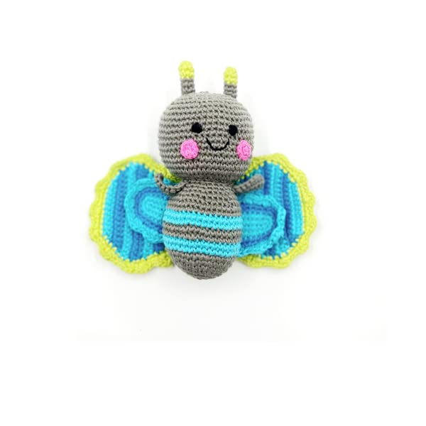 Pebble Fair Trade Handmade Crochet Cotton Butterfly Rattle - Blue