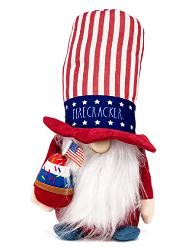 DesignStyles Rae Dunn Fourth of July Gnome - July 4th Decor for Home - Patriotic Memorial Day Farmhouse Kitchen Decoration - Stuffed Gnome Plush Shelf Figurines - Gnome Decor and Gnome Gifts - Fire Cracker