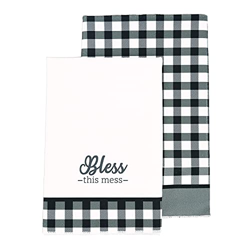 Pavilion Gift Company Kitchen Bathroom Bless This Mess Tea Towel Set, 27.5" x 19.75" Two, Black & White Plaid Checkered Patterned