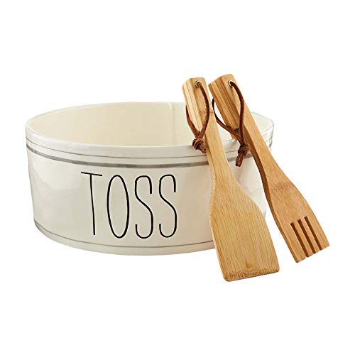 Mud Pie BISTRO SALAD BOWL SET,bowl 4 1/2" x 11" dia | utensil 8", White