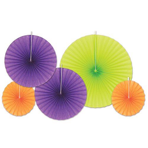 Beistle Colorful Tissue Paper Fans, Purple/Green/Orange - 5pcs