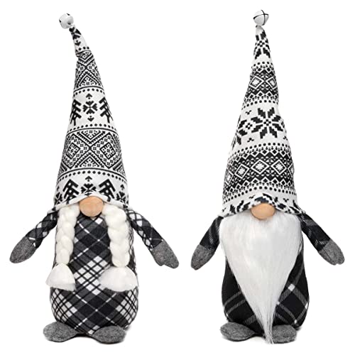 MeraVic Danish Gnome Couple Black & White Plaid Body with Jingle Bell Wired Hat, Wood Nose, 15 Inches, Set of 2 - Christmas Decoration