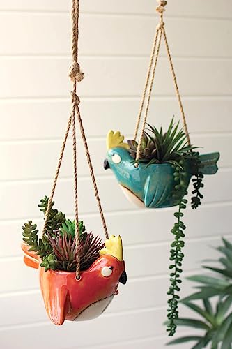 KALALOU CDV2137 Set of Two Ceramic Birds Hanging PLANTERS