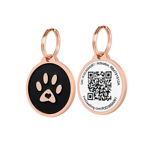 Pet Dwelling 2D QR Code Pet ID Tag - Dog Tags - Cat Tags - Online Pet Profile - Instant Email Alert of Scanned QR Tag Location(Rose Gold Black Paw)
